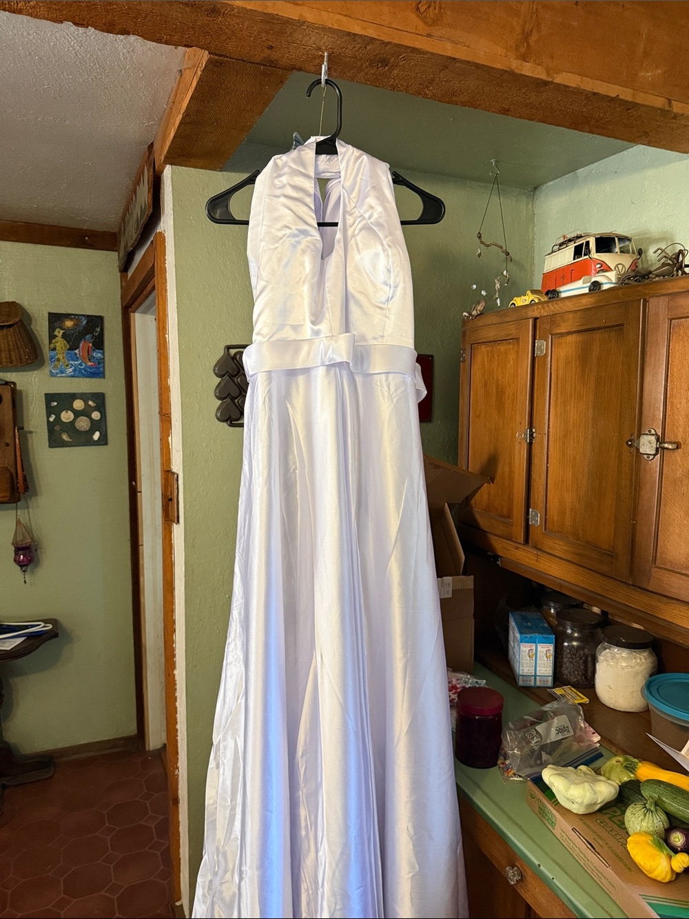 White Satin Halter Formal Dress with Sash